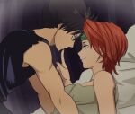  beni_(karen5915) black_hair black_shirt blue_eyes commentary_request couple eye_contact green_shirt headband hetero hiei_(yu_yu_hakusho) looking_at_another mukuro_(yu_yu_hakusho) pillow red_hair shirt short_hair sleeveless sleeveless_shirt smile spiked_hair upper_body yu_yu_hakusho 