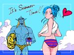  1girl 2boys alternate_hairstyle animal_print ass bikini blue_hair blue_skin botan_(yu_yu_hakusho) cloud colored_skin english_text hair_bun heart highres holding_person innertube jorge_saotome koenma lips long_hair looking_at_viewer male_swimwear multiple_boys muscular ocean oni pointy_ears purple_eyes shirt shivaharu striped striped_bikini sunglasses swim_briefs swim_trunks swimsuit tiger_print topless_male water white_shirt yu_yu_hakusho 