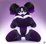  anthro big_breasts black_body black_fur breast_squish breasts clothed clothing digital_drawing_(artwork) digital_media_(artwork) drxii female fur giant_panda hair headgear headwear hi_res highlights_(coloring) hood huge_breasts legwear looking_at_viewer mammal ninja nipple_outline overweight purple_eyes purple_hair simple_background smile solo squish ursid warrior white_body white_fur 