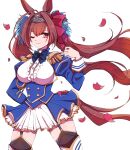 1girl ;) animal_ears bangs breasts brown_hair center_frills chemaru_(a8l) closed_mouth cowboy_shot daiwa_scarlet_(umamusume) epaulettes frills garter_straps highres horse_ears horse_girl horse_tail juliet_sleeves large_breasts long_hair long_sleeves looking_at_viewer one_eye_closed puffy_sleeves school_uniform simple_background smile solo standing tail thighhighs tiara tracen_school_uniform twintails umamusume very_long_hair white_background 