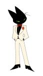  anthro black_body black_eyes black_fur black_tie_(suit) bottomwear cartoon_network classy clothed clothing coat domestic_cat dress_shirt felid feline felis flower footwear fur green_sclera hand_in_pocket hands_in_both_pockets hi_res jacket looking_at_viewer male mammal mao_mao:_heroes_of_pure_heart pants plant pockets pupils sheriff_mao_mao_mao shirt shoes simple_background slit_pupils solo standing suit topwear unknown_artist whiskers white_background white_tuxedo 