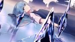  1girl blue_bow blue_dress blue_eyes blue_hair bow cirno cityscape cloud commentary crack crystal dot_mouth dqn_(dqnww) dress hair_between_eyes hair_bow ice looking_at_viewer lying neck_ribbon on_back red_ribbon ribbon shirt short_hair short_sleeves solo touhou white_shirt 