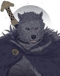  1boy animal_head armor artist_name black_sclera blaidd_the_half-wolf breastplate brooch cloak colored_sclera elden_ring fur_cloak furry furry_male highres jewelry looking_at_viewer male_focus purple_eyes revision scar solo sword upper_body weapon weapon_on_back yanobrk 