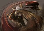  1girl absurdres angry animal_ears arknights ati_wh axe bangs blood blood_on_face brown_hair ceobe_(arknights) ceobe_(unfettered)_(arknights) dog_ears dog_girl dog_tail ears_through_headwear fighting gloves gradient gradient_background grey_background hair_over_one_eye highres holding holding_axe long_hair long_sleeves motion_blur motion_lines official_alternate_costume oversized_clothes red_eyes red_gloves solo tail upper_body violence white_headwear 