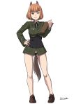 1girl absurdres animal_ears black_panties blue_eyes blush brave_witches breasts brown_hair cameltoe dog_ears dog_tail dragoncastle eyebrows_visible_through_hair full_body gundula_rall highres large_breasts looking_at_viewer military military_uniform panties signature simple_background smile solo standing tail underwear uniform white_background world_witches_series 