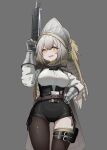 1girl :d absurdres arknights armor asymmetrical_legwear bangs belt black_ribbon black_shorts breasts brown_belt brown_cape brown_legwear cape chinese_commentary commentary_request fartooth_(arknights) feather_hair gauntlets grey_background grey_hair helmet high-waist_shorts highres huizhiyin large_breasts long_sleeves looking_at_viewer open_mouth ribbon shirt shorts side-tie_shorts sidelocks simple_background single_leg_pantyhose single_thighhigh smile solo thigh_gap thigh_pouch thigh_strap thighhighs uneven_legwear white_shirt yellow_eyes 