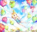  1girl ahoge apple_cookie balloon bangs_pinned_back blonde_hair blue_eyes blush breasts bubble bubble_blowing commentary_request cookie_run humanization short_hair sky snow_sugar_cookie solo soriya translation_request yuki_(dajin) 