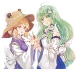  2girls ahoge bangs bare_shoulders blonde_hair blue_skirt blush bow commentary_request detached_sleeves eyebrows_visible_through_hair finger_ribbon frog_hair_ornament green_eyes green_hair hair_bow hair_ornament hair_tubes hat holding_hands kochiya_sanae konabetate long_hair long_sleeves looking_at_another looking_away moriya_suwako multiple_girls open_mouth orange_eyes purple_vest red_ribbon ribbon shirt short_hair skirt snake_hair_ornament sweatdrop touhou turtleneck upper_body vest waist_bow white_background white_bow white_shirt wide_sleeves 