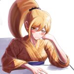  1girl absurdres bangs black_scrunchie blonde_hair blush breasts closed_mouth danganronpa_(series) danganronpa_2:_goodbye_despair eyebrows_visible_through_hair grey_background hair_between_eyes hair_ornament highres japanese_clothes long_hair long_sleeves looking_at_viewer medium_breasts obi orange_eyes petra_(jgc845601) ponytail saionji_hiyoko sash scrunchie simple_background solo sweatdrop table 