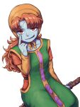  1girl arinsu_(kodamamaimai) breasts curly_hair dragon_quest dragon_quest_vii dress hood long_hair looking_at_viewer maribel_(dq7) orange_hair simple_background smile solo white_background zombie 
