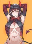  1girl armpits black_hair bow_(bhp) breasts demon_horns demon_tail elbow_gloves gloves hands_up horns large_breasts looking_at_viewer medium_hair navel original parted_lips pointy_ears simple_background slit_pupils solo tail underboob yellow_background yellow_eyes 