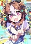  1girl absurdres ahoge animal_ears bangs blurry brown_hair copano_rickey_(umamusume) depth_of_field double_bun double_v fang hair_between_eyes heart heart_in_eye highres horse_ears long_hair looking_at_viewer nanananananana open_mouth outstretched_arms pink_eyes puffy_short_sleeves puffy_sleeves purple_shirt reaching_out school_uniform shirt short_sleeves skin_fang skirt smile solo symbol_in_eye tracen_school_uniform twig umamusume upper_body v v-shaped_eyebrows white_skirt 