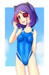  1girl animal_ears blue_sky blue_swimsuit breasts cat_ears cloud commentary_request competition_swimsuit cowboy_shot eyepatch fake_animal_ears fang groin hayasaka_mirei heart heart_eyepatch highres idolmaster idolmaster_cinderella_girls multicolored_hair one-piece_swimsuit purple_hair rakukisa red_hair short_hair sky small_breasts solo standing streaked_hair striped striped_swimsuit swimsuit 
