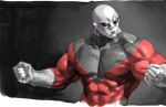  1boy alien arms_at_sides bald biceps black_eyes bodysuit clenched_hands colored_skin covered_abs cropped_torso dragon_ball dragon_ball_super gloves grey_skin jiren junny large_pectorals looking_to_the_side male_focus muscular muscular_male pectorals red_bodysuit solo unfinished veins veiny_arms white_gloves 