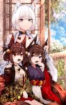  3girls absurdres akagi-chan_(azur_lane) akagi_(azur_lane) amagi-chan_(azur_lane) amagi_(azur_lane) animal_ear_fluff animal_ears azur_lane blue_eyes brown_hair brown_tail coat collar eyebrows_visible_through_hair food_in_mouth highres japanese_clothes kaga_(azur_lane) kimono kitsune medium_hair metal_belt metal_collar mouth_hold multiple_girls multiple_tails purple_kimono red_coat red_eyes sakuramon samip slit_pupils tail white_coat white_hair white_tail wide_sleeves 