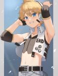  1boy absurdres aqua_eyes asymmetrical_gloves bandaid bandaid_on_face bangs belly belt belt_buckle blonde_hair blue_background blue_eyes blush buckle chain commentary detached_sleeves eyebrows_visible_through_hair gloves hair_between_eyes headphones highres kagamine_len looking_at_viewer male_focus midriff navel open_mouth oppai_ojiichan see-through_silhouette short_hair smile solo stomach teeth ultimate_asuka vocaloid 
