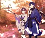  1boy 1girl alternate_costume autumn autumn_leaves blue_eyes blue_hair brown_eyes brown_hair highres holding holding_staff holding_sword holding_weapon japanese_clothes jewelry kaito_(vocaloid) meiko necklace outdoors role_reversal scarf short_hair smile staff sword tsugai_kogarashi_(vocaloid) vocaloid weapon xxxxxxxxxlr 