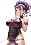  1girl armlet bangs bare_shoulders black_hair black_swimsuit blush breasts closed_mouth covered_navel eyebrows_visible_through_hair fate/grand_order fate_(series) fingernails gold_trim hair_ornament hands_on_own_chest highleg highleg_swimsuit highres large_breasts long_hair looking_at_viewer makeup murasaki_shikibu_(fate) murasaki_shikibu_(swimsuit_rider)_(fate) murasaki_shikibu_(swimsuit_rider)_(first_ascension)_(fate) one-piece_swimsuit otsukemono purple_eyes shiny shiny_clothes simple_background single_thighhigh solo swimsuit symbol-only_commentary thighhighs turtleneck 