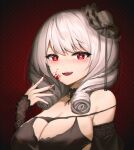  1girl :d azur_lane bare_shoulders black_choker black_headwear blood blood_on_face blood_on_hands blush breasts bright_pupils choker cleavage detached_sleeves eyebrows_visible_through_hair fingernails grey_hair heart heart-shaped_pupils highres kafeifeifeifeifeifei_jiemo_jun large_breasts long_fingernails long_hair long_sleeves looking_at_viewer lutzow_(azur_lane) off_shoulder open_mouth patterned_background red_background red_eyes skindentation smile solo symbol-shaped_pupils tilted_headwear upper_body 