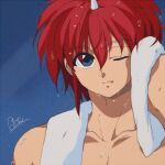  1boy blue_background collarbone eyebrows_visible_through_hair fang holding holding_towel horns jin_kaze_tsukai looking_at_viewer male_focus one_eye_closed petagon red_hair single_horn solo topless_male towel upper_body water water_drop wet yu_yu_hakusho 