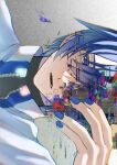  1boy blue_eyes blue_hair glitch hand_over_eye hand_up highres jacket kaito_(vocaloid) kusui_mikuro male_focus nail_polish open_mouth solo vocaloid 