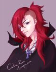  1boy artist_request blush collarbone cookie_run eyebrows fangs hair_over_one_eye humanization long_hair looking_at_viewer looking_down male_focus open_mouth personification purple_eyes red_hair solo teeth upper_body vampire vampire_cookie 