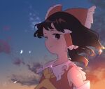  1girl abukawa_honpo ascot bangs bare_shoulders black_hair blue_sky blush bow closed_mouth cloud cloudy_sky collared_dress detached_sleeves dress frills gradient gradient_sky grey_eyes hair_ornament hair_tubes hakurei_reimu highres light long_sleeves looking_at_viewer orange_sky red_bow red_dress shadow short_hair signature sky smile solo sunlight sunset touhou upper_body wide_sleeves yellow_ascot yellow_sky 