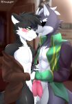  anthro black_body black_fur blurred_background blush blush_lines bodily_fluids closed_smile duo embrace erection eye_patch eyewear fur genitals girly grey_body grey_fur hand_holding hi_res hug kissing looking_at_another looking_at_partner looking_pleasured male male/male moonfluffmf nintendo penis pressed_against_balls pressed_against_penis saliva saliva_string sex slim star_fox sweat video_games white_body white_fur wolf_o&#039;donnell 