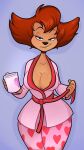  2022 5_fingers anthro areola areola_slip bathrobe belt big_breasts black_nose bottomwear breasts canid canine canis cleavage clothed clothing disney domestic_dog eyelashes female fingers goof_troop hair half-closed_eyes hi_res holding_mug holding_object legs_together looking_at_viewer mammal mature_female mug narrowed_eyes pants peg_pete red_hair robe short_hair solo standing thaman 