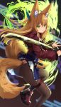  1girl animal_ear_fluff animal_ears ass bangs black_legwear blonde_hair dress eyebrows_visible_through_hair fox_ears fox_tail from_behind green_eyes highres holding holding_sword holding_weapon jacket katana kokonoe_tsubaki long_hair looking_at_viewer multiple_tails open_clothes open_jacket original pantyhose solo sword tail two_tails weapon yoshizawa_tsubaki 