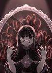  1girl absurdres akemi_homura black_hair bleeding blood blood_on_face broken_glass glass hairband highres homu magical_girl mahou_shoujo_madoka_magica miomoi purple_eyes 