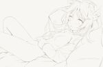  1girl absurdres animal_ears arknights bangs breasts eyebrows_visible_through_hair eyjafjalla_(arknights) from_side greyscale highres horns long_hair looking_at_viewer looking_to_the_side lying merry_merry monochrome nude pillow sketch small_breasts solo 