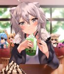  5girls ahoge animal_ears blonde_hair blue_hair cup drink drinking_glass drinking_straw fang finger_to_mouth grey_hair highres hololive horns iced_coffee lion_ears mano_aloe mask menu momosuzu_nene mouth_mask multiple_girls omaru_polka pov purple_hair setsuna_(l9in1cszw3f6qsq) shishiro_botan shushing smile star-shaped_eyewear sunglasses virtual_youtuber yukihana_lamy 