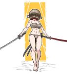  1girl abs artist_name bare_shoulders barefoot breasts chinese_commentary cleavage commentary_request covered_face dual_wielding elden_ring full_body fundoshi genderswap genderswap_(mtf) highres holding japanese_clothes katana large_breasts let_me_solo_her navel outline pot_on_head sarashi scabbard sheath solo sword tarnished_(elden_ring) toned weapon white_outline wox 