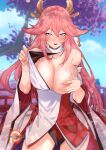  1girl animal_ears bare_shoulders breasts cherry_blossoms detached_sleeves floppy_ears fox_ears genshin_impact hair_between_eyes japanese_clothes kukumomo large_breasts long_hair looking_at_viewer nipples nontraditional_miko open_mouth outdoors patreon_logo patreon_username pink_hair purple_eyes solo white_sleeves wide_sleeves yae_miko 