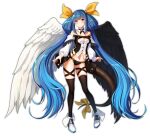  1girl absurdres angel_wings ass_visible_through_thighs asymmetrical_wings bangs bare_shoulders belt black_legwear black_panties blue_hair blush breasts choker cleavage closed_mouth detached_collar detached_sleeves dizzy_(guilty_gear) eyebrows_visible_through_hair full_body grey_background guilty_gear guilty_gear_xrd hair_ribbon hair_rings high_heels highres kaleid long_sleeves looking_at_viewer medium_breasts midriff monster_girl navel panties puffy_long_sleeves puffy_sleeves red_eyes ribbon sidelocks simple_background skindentation solo stomach tail tail_ornament tail_ribbon thigh_gap thigh_strap thighhighs twintails underwear wings yellow_ribbon 
