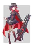  1girl belt black_dress black_hair boots border breasts brown_legwear cape closed_mouth corset dress flower frills full_body gradient_hair grey_eyes gun highres hood hooded_cape iesupa long_sleeves looking_at_viewer multicolored_hair pantyhose red_cape red_hair rifle rose ruby_rose rwby scope short_hair solo weapon white_border 