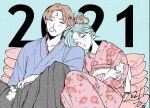  1boy 1girl 2021 alcohol bangs black_hakama blue_background blush botan_(yu_yu_hakusho) brown_hair choko_(cup) cup facial_mark floral_print flower forehead_mark hair_bun hair_flower hair_ornament hakama head_on_another&#039;s_shoulder japanese_clothes kimono koenma pacifier sake saliva shivaharu sidelocks sleeping yu_yu_hakusho 