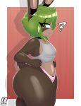  2022 absurd_res anthro bec_(lobokosmico) big_butt breasts brown_body bubs butt clothed clothing curvy_figure digital_drawing_(artwork) digital_media_(artwork) female fur green_eyes green_hair hair hi_res lagomorph leporid lobokosmico looking_at_viewer mammal multicolored_body multicolored_fur panties pubes question_mark rabbit short_stack simple_background small_breasts solo thick_thighs underwear wide_hips 