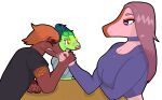  absurd_res adam_(gvh) alpha_channel anthro arm_wrestling breasts clothed clothing dinosaur female goodbye_volcano_high green_body green_skin group hair hi_res humanoid larger_female long_hair long_snout male midriff milhouse_(gvh) navel open_mouth pink_body pink_skin reptile scalie short_hair simple_background size_difference smaller_male snoot_game_(fan_game) snout stacy_(gvh) transparent_background trio unknown_artist video_games 