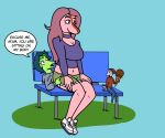  anthro beanie bench bottomwear clothing dessert dinosaur english_text erin_(gvh) female food goodbye_volcano_high green_body green_skin group hair hat headgear headwear hotpants humanoid ice_cream larger_female long_hair male markings midriff milhouse_(gvh) pink_body pink_skin reptile scalie short_hair shorts sitting_on_person size_difference snoot_game_(fan_game) speech_bubble stacy_(gvh) text trio unknown_artist 