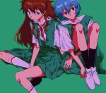  2girls ayanami_rei black_legwear blue_eyes blue_hair fishcoooo green_background highres multiple_girls neon_genesis_evangelion red_eyes school_uniform simple_background souryuu_asuka_langley tokyo-3_middle_school_uniform white_footwear white_legwear 