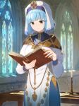  1girl bangs blue_hair book candle candlestand closed_mouth dress fire_emblem fire_emblem_heroes green_eyes holding holding_book indoors light_particles long_sleeves reading short_hair silque_(fire_emblem) solo standing turtleneck veil wooden_table yoshitake 
