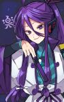  1boy earphones hand_fan holding holding_fan japanese_clothes kaho_0102 kamui_gakupo long_hair male_focus ponytail purple_eyes purple_hair samurai smile solo vocaloid 