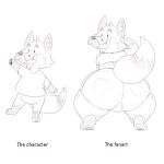 2022 anthro big_butt bottomwear bulge butt canid canine chibi clothing cute_fangs dot_eyes effses facial_hair fox hi_res male mammal mustache shirt shorts simple_background sketch solo text topwear white_background 