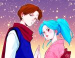  1boy 1girl blue_hair blush botan_(yu_yu_hakusho) brown_eyes brown_hair couple facial_mark forehead_mark hetero high_ponytail japanese_clothes kimono koenma long_hair long_sleeves looking_at_viewer obi open_mouth pacifier pink_kimono ponytail red_eyes red_scarf sash scarf shirt shivaharu short_hair undershirt white_shirt yu_yu_hakusho 