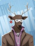  anthro antlers biped cervid chicago_flag clothing digital_media_(artwork) english_text eyewear hi_res horn jacket jewelry logo male mammal milwaukee_bucks nba necklace nft popped_collar portrait shutter_shades simple_background solo star sunglasses text topwear unknown_artist 