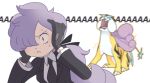  1girl anabel_(pokemon) animated animated_gif black_necktie collared_shirt covering_ears electricity fangs gloves hair_ribbon hands_up jacket necktie pokemon pokemon_(creature) pokemon_(game) pokemon_sm ponytail purple_eyes purple_hair raikou ribbon roaring shirt sweat tail tongue vergolophus 