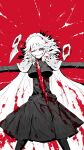  1girl bleeding blood blood_splatter braid breasts broken_mask cape death hat hat_removed headwear_removed highres izayoi_sakuya joyfull_(terrace) kneehighs maid_headdress mask outstretched_arms plague_doctor_mask smile torn_clothes touhou twin_braids 