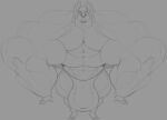  abs big_muscles bulge cartoon_network chiropteran clothing fangs fingers genital_outline greyscale hair huge_muscles hyper hyper_muscles looking_down male mammal max_(sci) monochrome muscular muscular_male penis_outline sbshouseofpancakes solo summer_camp_island underwear 